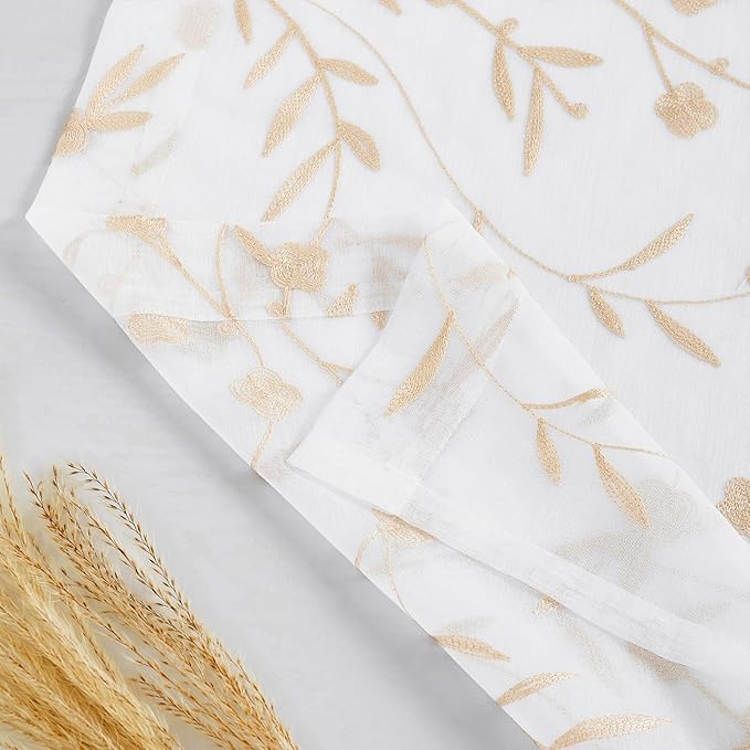 Sheer Curtains White-Beige 95 Inches, Embroidery Floral Pattern Window Treatments Rod Pocket Drapes for Living room, Bedroom, Semi Voile Curtain Panels for Patio, Villa, Parlor, Set of 2, 52"x 95".