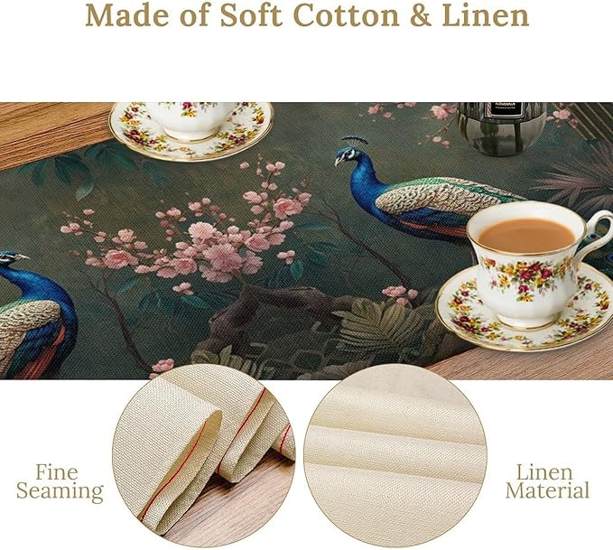 Peacock Table Runner,Vintage Aesthetic Peacock Birds Table Runner for Home Kitchen Dining Party Indoor Outdoor Decoration 13x70 Inch