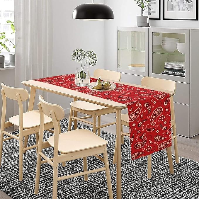Paisley Table Runner, Boho Vintage Western Red Paisley Flower Print Table Runner for Kitchen Dining Table Wedding Holiday Party Decor, 13x108inch