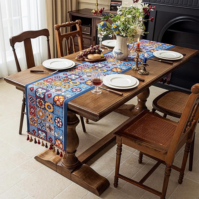 13×72 Inch Table Runner, Retro-Luxury Tassels Series for Kitchen Dining Table Holiday Decoration (Ethnic Blue)