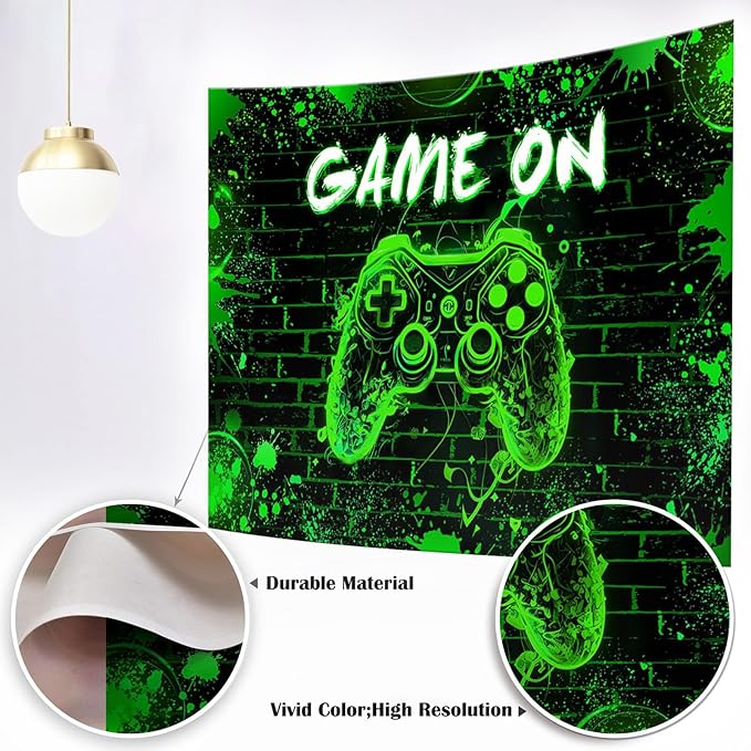Mocsicka Game On Backdrop Video Game for Boys Level Up Birthday Party Decoration Game Night Arcade Neon Glow Gamer Banner Photography Background (Green, 6x4ft(72"x48"))