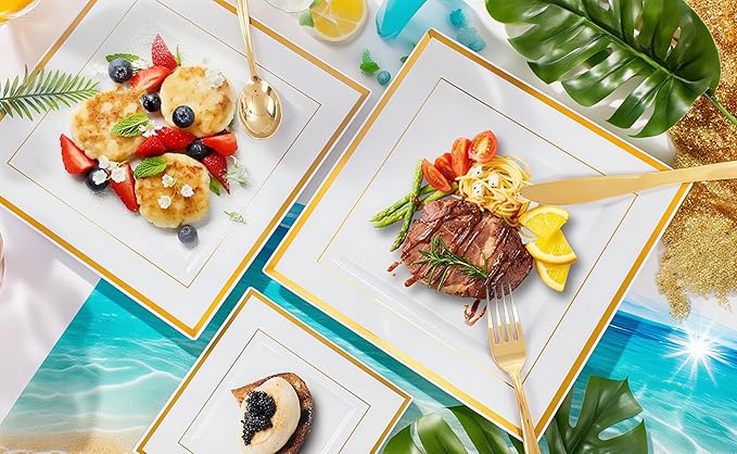 Disposable Plates Set, Square Gold, 350 Pieces for 50 Guests