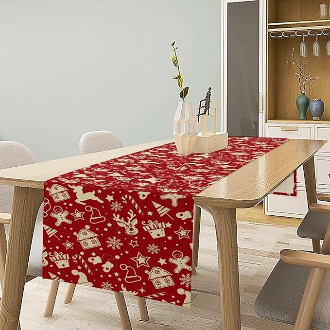 Christmas Table Runner,Seasonal Winter Deer Table Decoration Snowflake Table Cloth Kitchen Dining Table Decoration for Home Party Decor 13x108 Inch