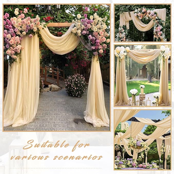 Wedding Arch Draping Fabric, 4 Champagne Chiffon Panels, 20 Ft Long