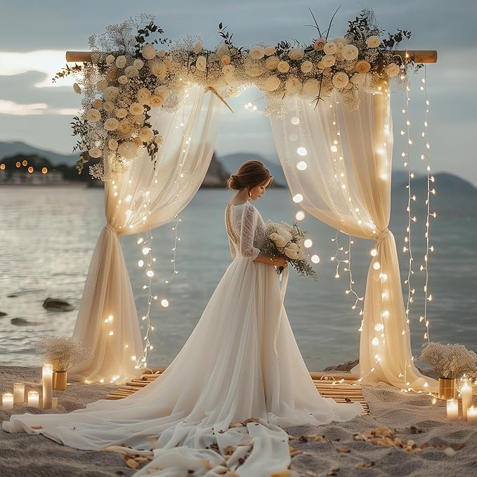 Fomcet Tulle Curtains with Lights String Champagne 20FT X 8FT Sheer Backdrop Curtains for Parties Wedding Baby Shower Photo Shoot Decorations (4 Panels 5 x 8FT)