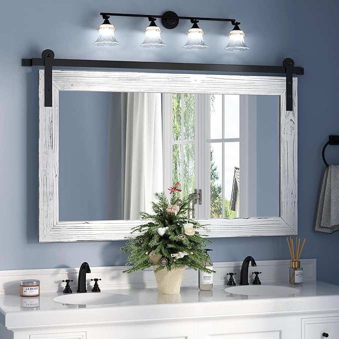 COGOOD Farmhouse Barn Door Mirror - 41" x 26" Rustic Wood Framed Wall Mirror for Bathroom, Living Room, Bedroom Wall Decor (White)