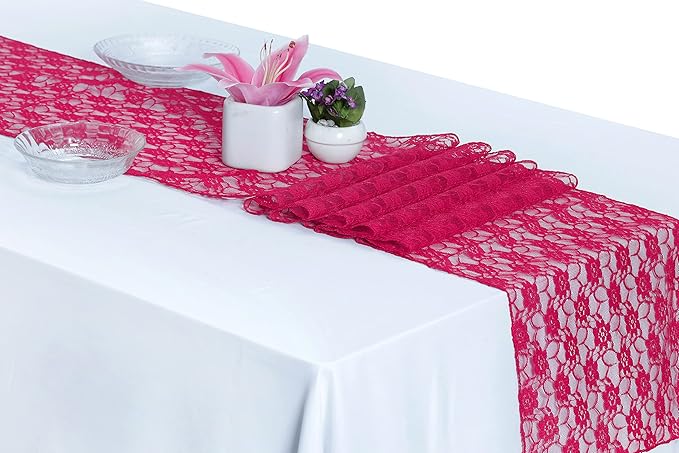 MDS Pack of 20 Wedding 12 x 108 inches Lace Table Runner for Wedding, Decorations for Birthday Parties, Banquets, Graduations, Engagements, and Runners fit Rectangle, Round Table- Magenat
