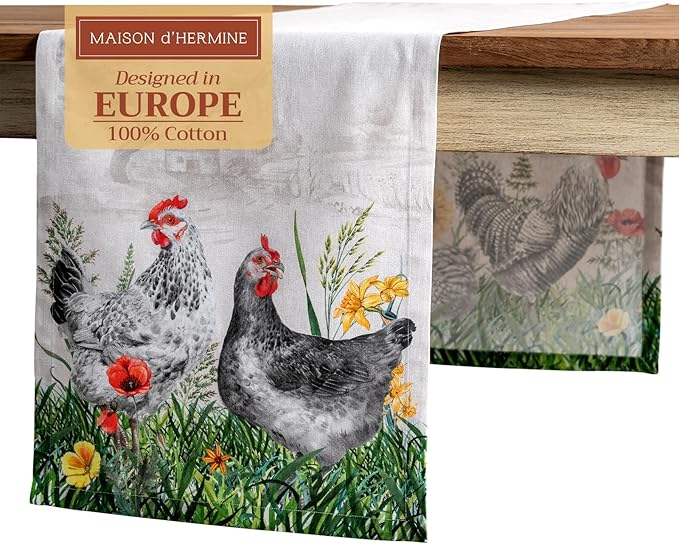 Maison d' Hermine Table runner 100% Cotton Single Layer Table Runners 72 inches long Decorative for Home Kitchen Dining Party Baby Shower Wedding Bridal Shower Spring Summer (Basse Cour, 14.50" x 72")