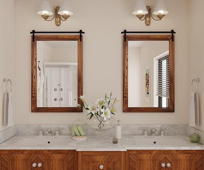 COGOOD Farmhouse Barn Door Wall Mirror - 25" X 38" Rustic Wood Framed Mirror for Bathroom, Living Room, Entryway Wall Decorative (Brown)