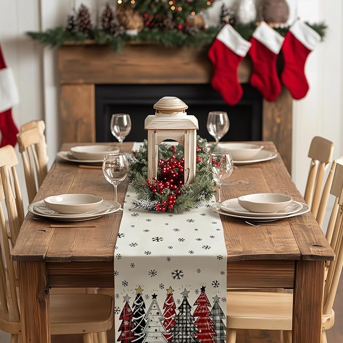 GEEORY Christmas Table Runner 13x120 Inch, Xmas Tees Snowflakes Holiday Decorative Farmhouse Table Decoration for Kitchen Dinning, Indoor Outdoor Dinner Party Decor ((Red & Black) GT165-120