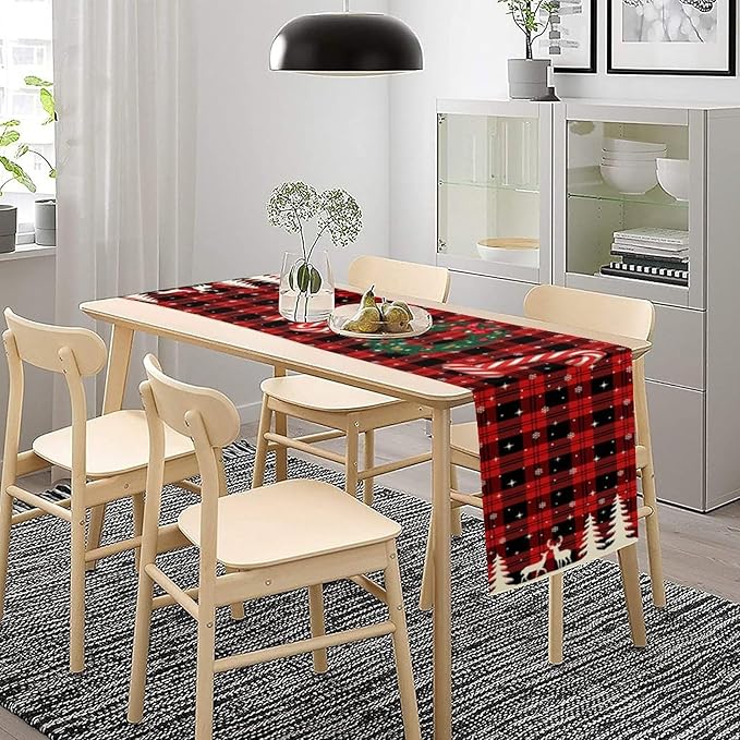 Christmas Table Runner, Red Winter Xmas Holiday Table Cloth Kitchen Dining Table Decoration for Home Party Decor 13x120 Inch