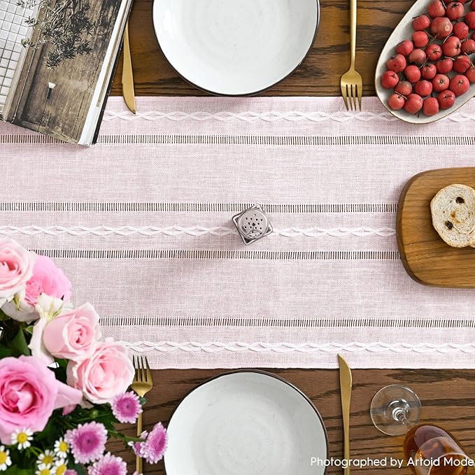 Artoid Mode Pink Rustic Cotton Linen Table Runner, Seasonal Embroidered Hollow Kitchen Dining Table Decoration for Home Party Decor 13x60 Inch