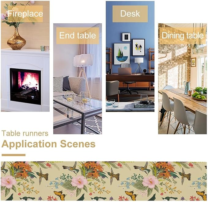 Brown Bird Floral Table Runner Spring Flower Kitchen Table Decoration Suitable for Family Dinner Decoration 13x90 Inch