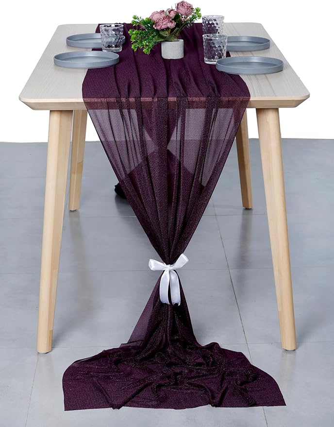 MDS Halloween Chiffon Table Runner - 5 Pack, 29 x 120 Inches, 10ft Each - Sheer Spooky Table Runners for Haunted House Parties, Trick-or-Treat Tables, Witchy Décor, Wedding & Events - Eggplant