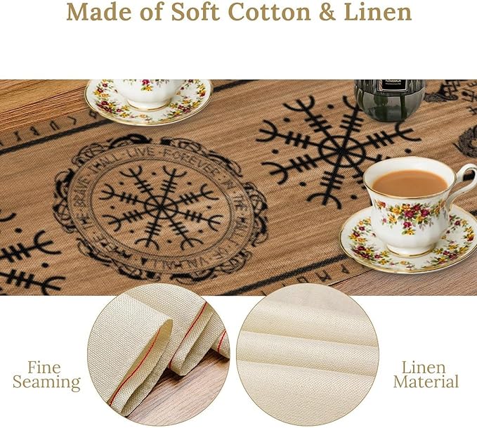 Viking Tree of Life Table Runner, Wooden Printed Eagle Dragon Boat Rudder Seasonal Kitchen Dining Table Decoration for Home Party 13x36 Inch