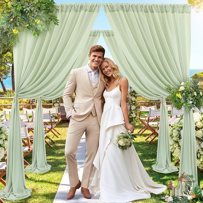 PARTISKY 10x10ft Sage Green Chiffon Sheer Backdrop Curtains, Wrinkle-Free Wedding Backdrop Drapes for Birthday Party Ceremony Arch Stage Decor Background for Photography 5x10ft,2 Panels
