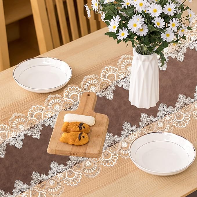 Vintage Lace Dining Table Runner, 72 Inches Macrame Coffee Table Runners for Kitchen Home Christmas Party Decorations (16x72 inch,Brown)