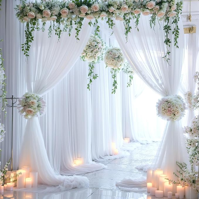 White Backdrop Curtain for Parties 10 ft x 10 ft Sheer Tulle Backdrop Drapes for Wedding Ceremony Birthday Baby Shower Ceiling Drapes Christmas Photo Backdrop Curtain Decorations 2 Panels 5ft x 10ft