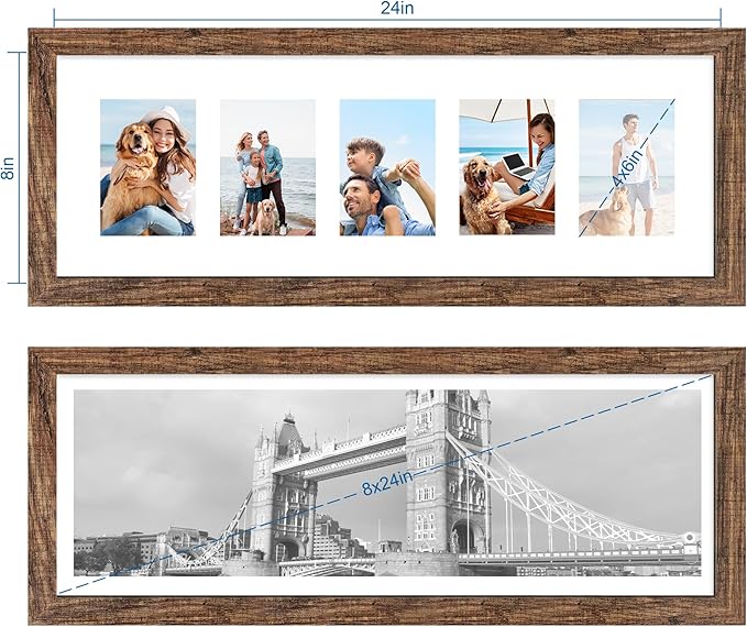 8x24 Picture Frame 2 Pack, Rustic Brown Wood Frame with Tempered Glass, Display Pictures Multiple Five 4x6 With Mat or 8 x 24 Without Mat - Horizontal or Vertical Wall Mounting