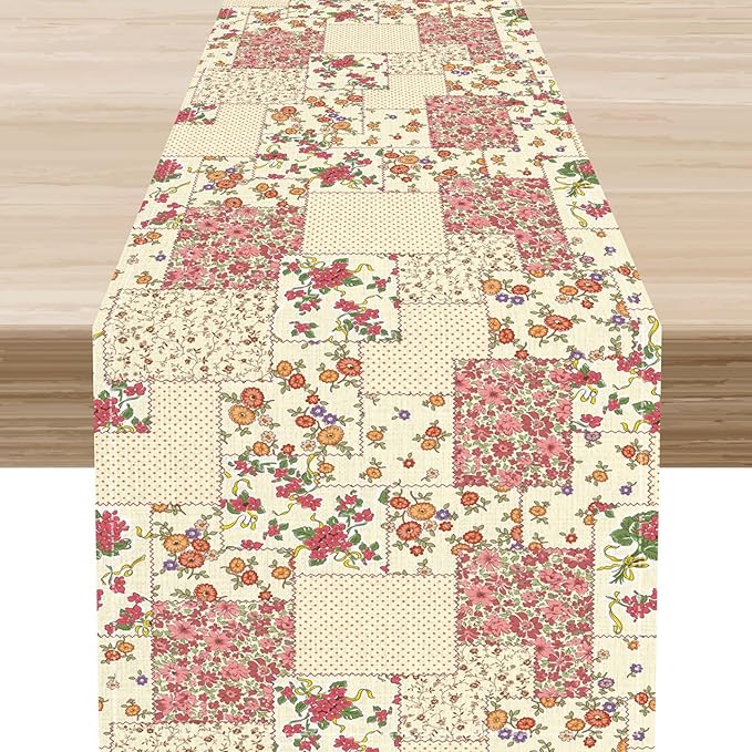 Patchwork Table Runner, Boho Vintage Pink Wildflowers Bohemian Paisley Flower Farmhouse Table Center Decor for Home Kitchen Dining Patio Holiday Party Indoor Outdoor Table Decorations, 13"x36" Inch