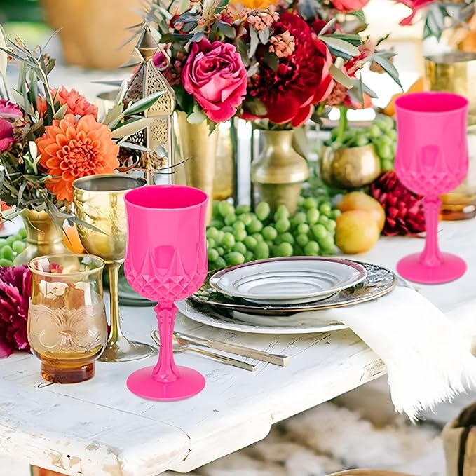 Plastic Vintage Wine Glasses 7OZ Plastic Goblets Vintage Drinking Glasses 48PCS Retro Wedding Glassware Water Goblets Reusable Drinking Cups for Party,Reception,Celebration,Bar,Whiskey(Rose Pink)