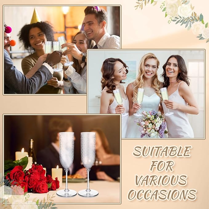 Champagne Glasses, 24 Clear Plastic Flutes with Diamond Pattern