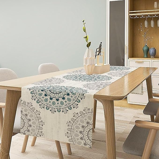 Boho Flower Table Runner, Bohemian Turquoise Mandala White Teal Floral Kitchen Dining Table Runners for Indoor Outdoor Home Party Holiday Decor, 13x108inch