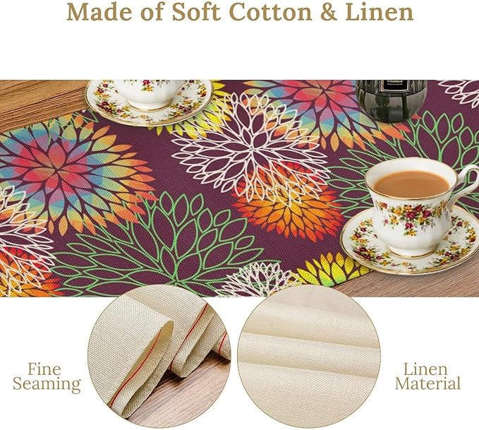 Brown Dahlia Flower Table Runner, Linen Geometric Pattern Floral Table Decor Spring Farmhouse Decorations for Kitchen Dining Holiday Party Decor, 13x36 Inch