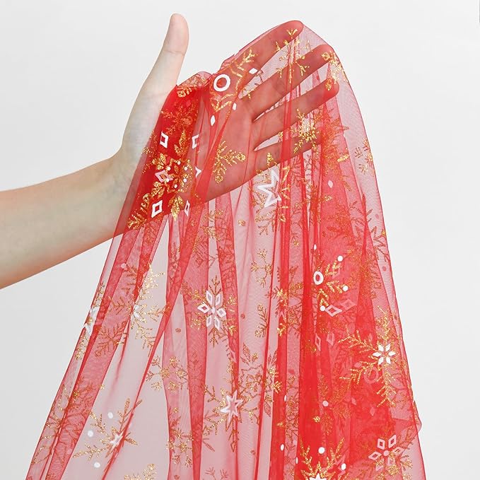 Artoid Mode Red Gold Snowflakes Christmas Gauze Table Runner 120 Inch 10FT, Winter Seasonal Sheer Dining Holiday Wedding Table Decor for Home Party