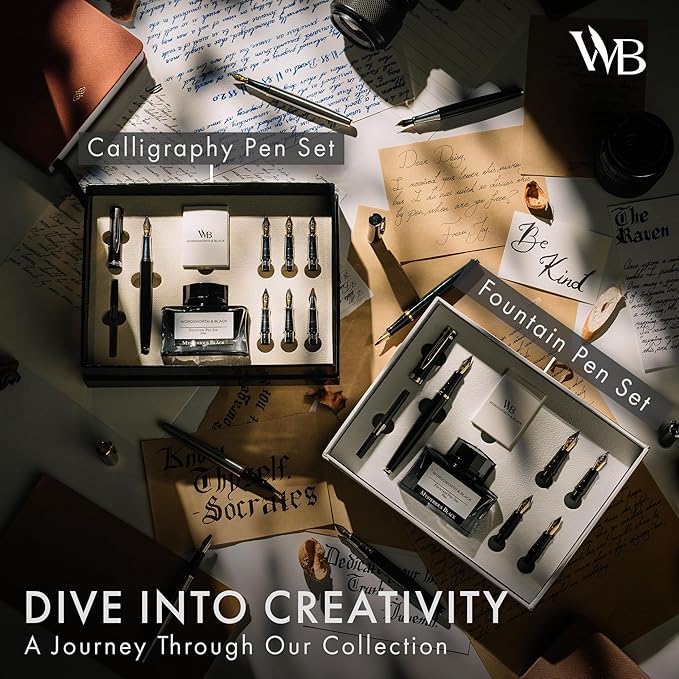 Wordsworth & Black Fountain Pen Gift Set, Includes Ink Bottle, 6 Ink Cartridges, Refill Converter, 4 Replacement Nibs, Premium Package, Journaling, Calligraphy, Smooth Writing Pens [Silver Gold]