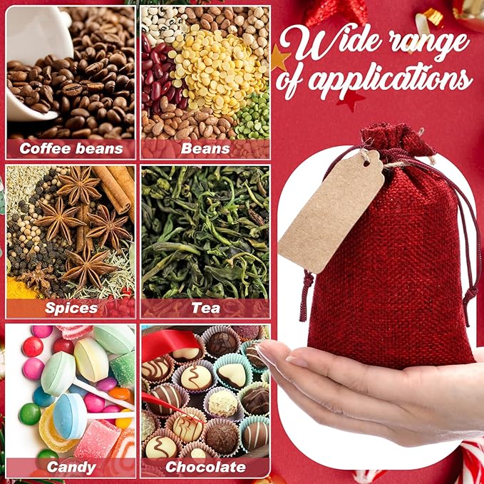 Gift Bags, 100 Burgundy Burlap Drawstring Bags with Kraft Gift Tags