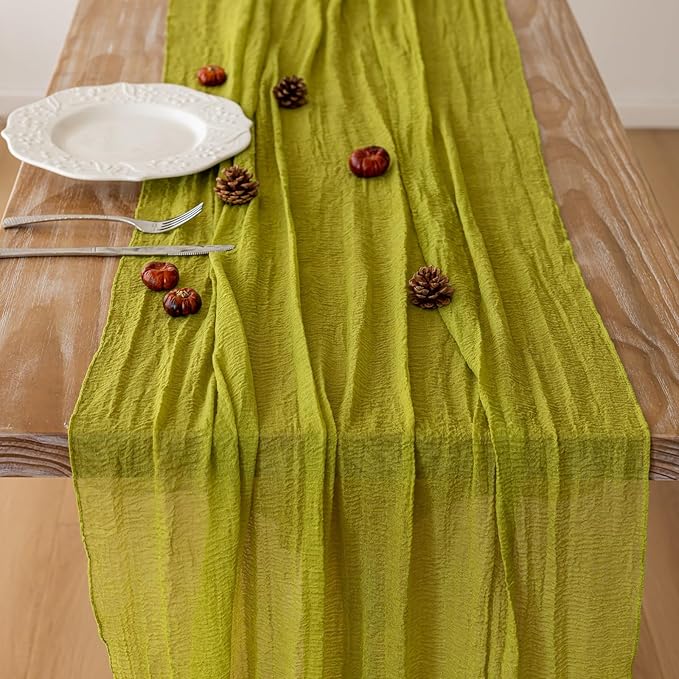 Moss Green Cheesecloth St Patricks Day Table Runner Gauze 120 Inch 10 FT Rustic Boho Cheese Cloth Runner for Wedding Baby Shower Bridal Shower Long Sheer Home Decorations