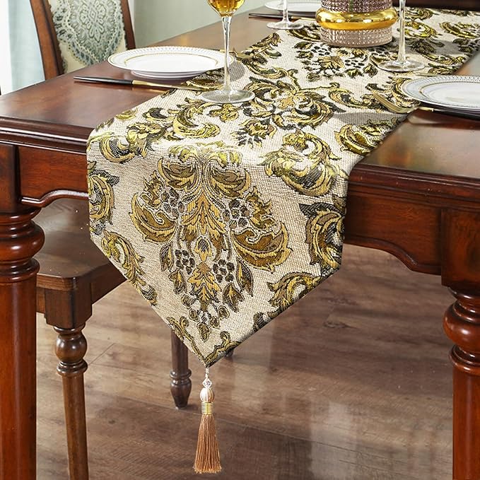 Luxury Table Runner Chenille Embroidered Jacquard Triangle with Pretty Tassels - Beige 13x60 inches