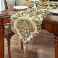 Luxury Table Runner Chenille Embroidered Jacquard Triangle with Pretty Tassels - Beige 13x60 inches