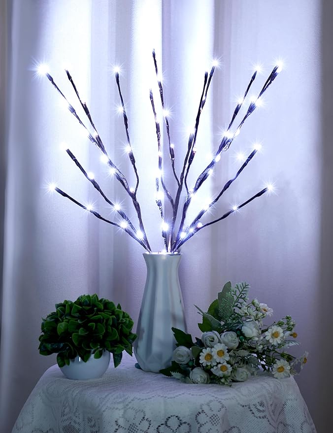 Lighted Branches for Vases Plug in - 6 Pack 24Inch 60 LED Christmas DIY Twig Pathway Lights, Artificial Tree Bendable Xmas Fairy Lights with Stakes for Outdoor Indoor Party Decoration, Pure White