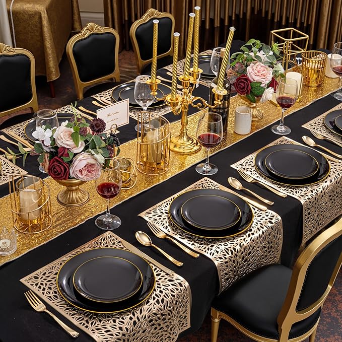 Plates in Black with Gold Trim, 200 Count Disposable Plastic Party Set