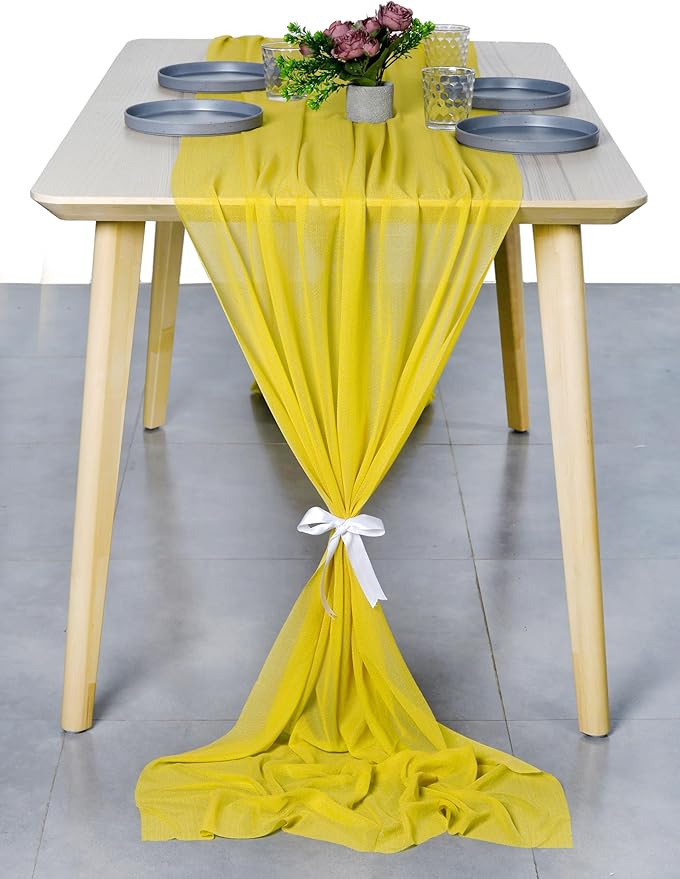 MDS 2 Pack 10ft Chiffon Table Runner 29 x 120 Inches Sheer Wedding Runner Romantic Rustic Table Runner for Wedding Decorations, Birthday Parties, Bridal Shower Party Arch Decor - Yellow