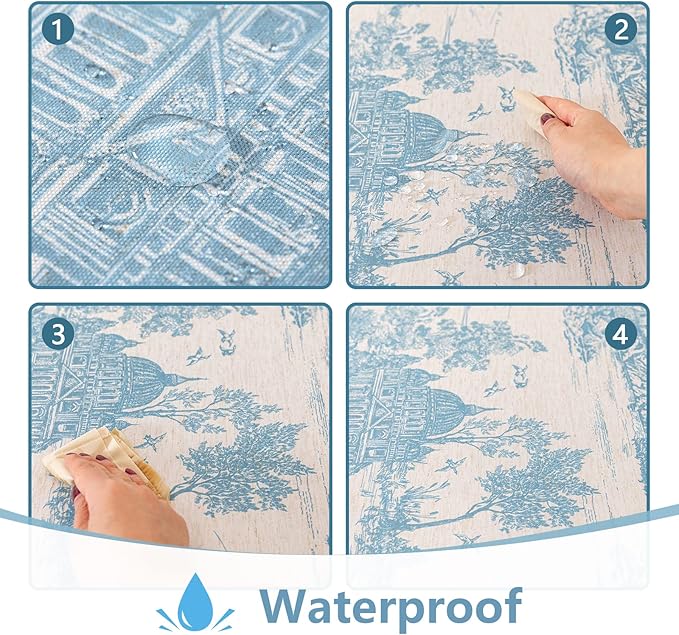 MYSKY HOME Linen Vintage Rectangle Tablecloth 60x120 Inches, Blue Castle Print Table Cloth for Dining Table I Tabletop I Parties/Outdoor I Spring/Summer Waterproof Fabric Farmhouse Tablecloth