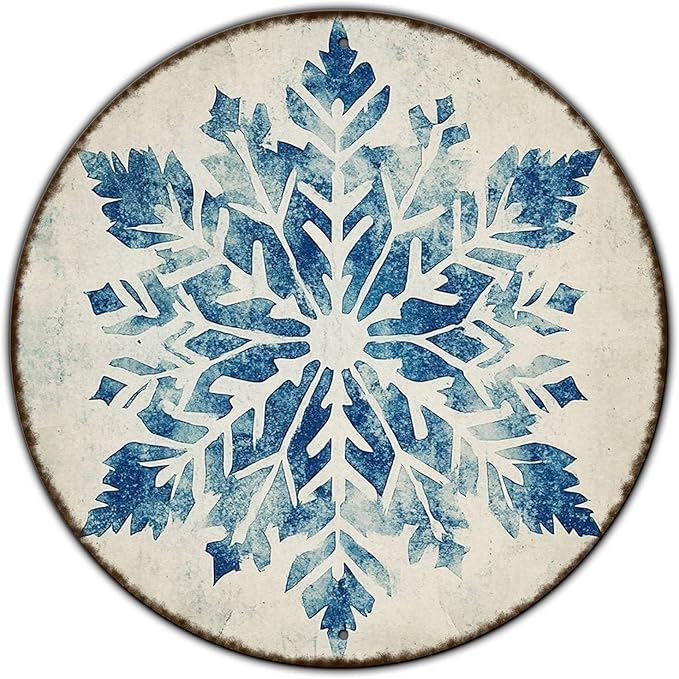 Round Christmas Metal Tin Sign Vintage Snowflake Signs Winter Christmas Sign Retro Wall Decor Tin Sign Funny Decorations for Home Cafes Office Store Pubs Tin Sign 8 * 8 in