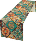 Bohemian Patchwork Table Runnerboho Colorful Tile Patchwork Indian Floral Print Table Runner for Home Kitchen Indoor Outdoor Party Wedding Decor, 13x36inch