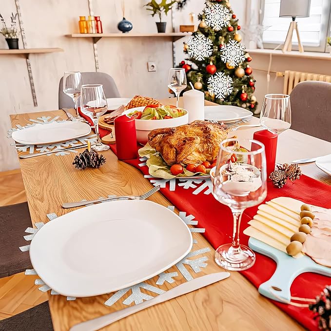 60Pcs Snowflake Paper Placemats Christmas Sliver Glitter Disposable Place Mats Winter Round Sparkle Decorative Table Chargers Xmas Snowflake Decoration for Holiday Festival Dining Tableware