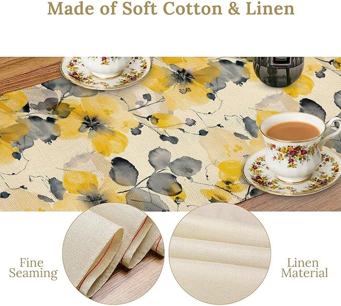 Floral Table Runner,Yellow Flowers Spring Print Table Cloth Kitchen Dining Table Home Party Decoration 13x108 Inch
