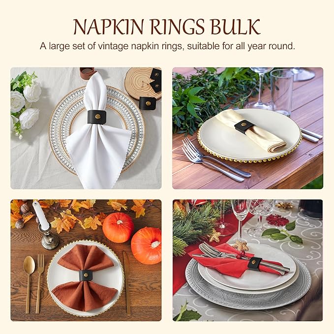 APTWOW 40PCS Leather Napkin Rings, Fall Thanksgiving Napkin Holder, Black Halloween Vintage Farmhouse Napkin Rings Bulk for Wedding Party Birthday Banquet Table Decoration and Daily Use