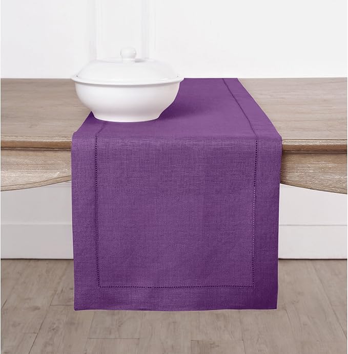 Solino Home Linen Purple Table Runner 48 Inches - Classic Hemstitch, 100% Pure Linen Coffee Table Runner 14 x 48 Inch Ideal for Dresser Tables - Fall, Autumn, Halloween, Thanksgiving, Holiday