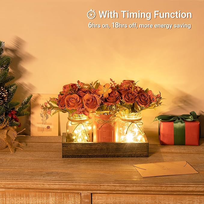 Mkono Mason Jar Lights Centerpiece Table Decorations for Dining Room Farmhouse Coffee Table Decor Tray with 3 Jars Flowers Centerpieces Fall Decor for Kitchen Living Dining Room, Orange