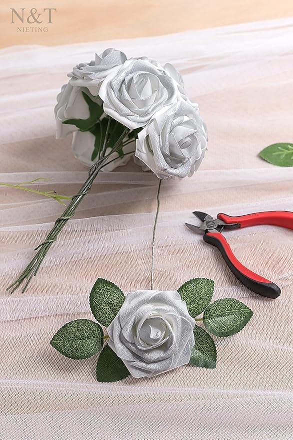 Artificial Silver White Roses, 50 Pcs Foam Flowers with Bendable Stems
