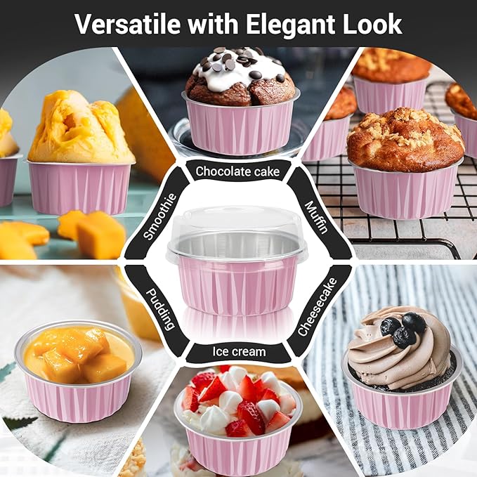 Baking Cups with Clear Lids, Pink Aluminum, 200 Count, 5 oz