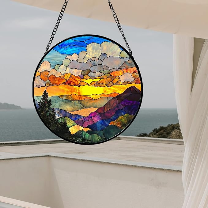 Stained Glass Window Hanging, Abstract Clouds Mountains Landscape Suncatcher for Doors Window Home Sun Catchers Decor Mother's Day Birthday Gifts for Women, Men Mom 15 in
