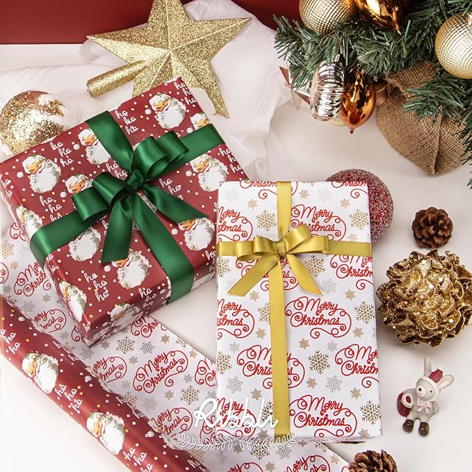 Ribbli Christmas Wrapping Paper Reversible Vintage Santa and Merry Christmas Red White Gift Wrapping Paper Rolls-17 Inch x 33 Feet