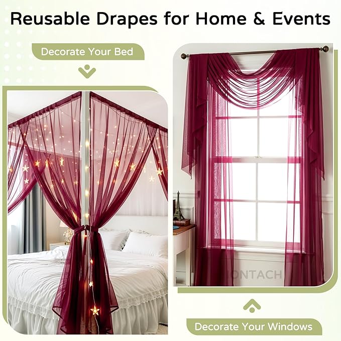 Wedding Arch Draping Fabric 29" x 19Ft Sheer Drapes for Backdrop Wedding Ceremony Reception Ceiling Decor Curtain Baby Bridal Shower Decoration (Burgundy, 2 Panels)